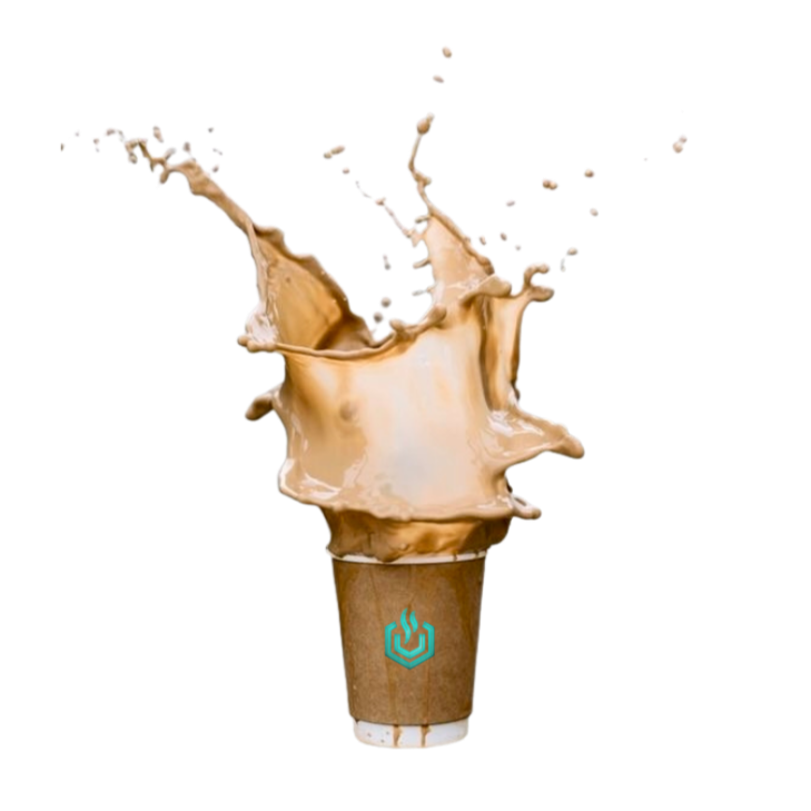 Cup with a splash of brown liquid on a white background